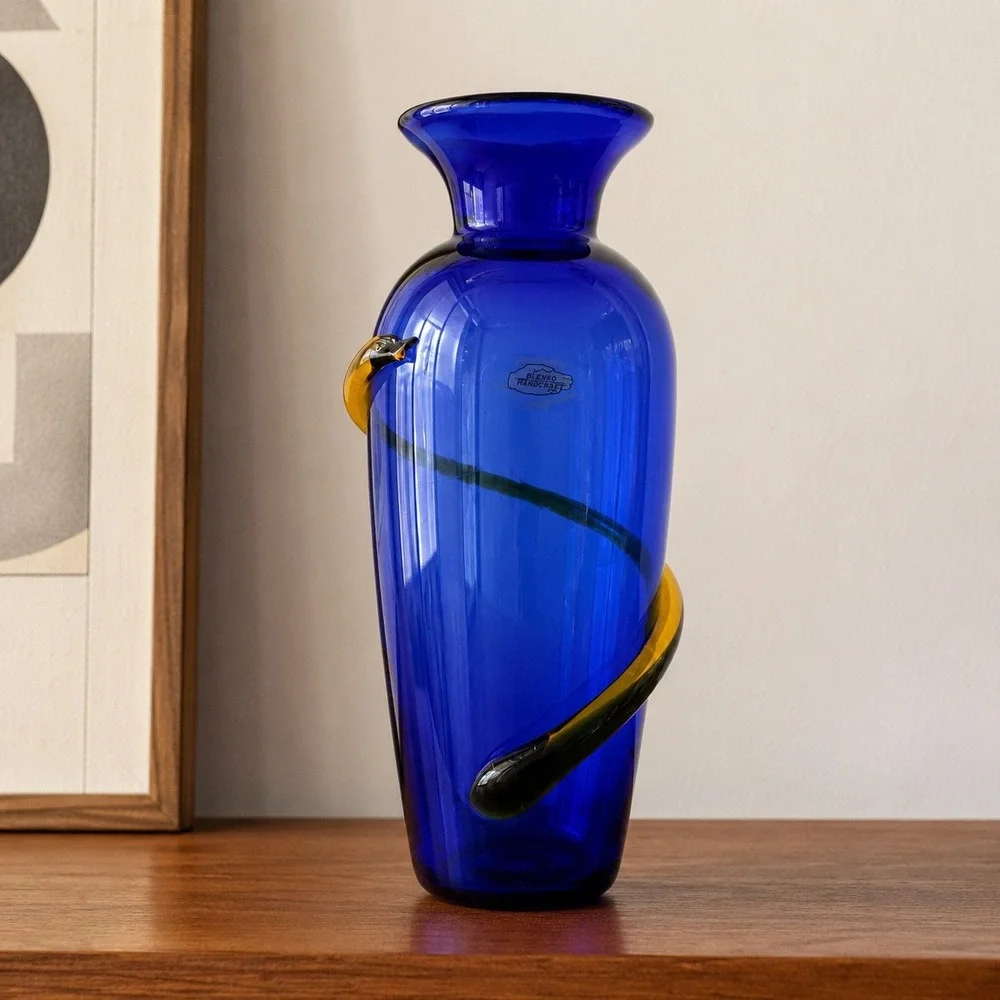 Blenko 9907L Cobalt Blue Art Glass Vase Topaz Applied Spiral Handcrafted USA